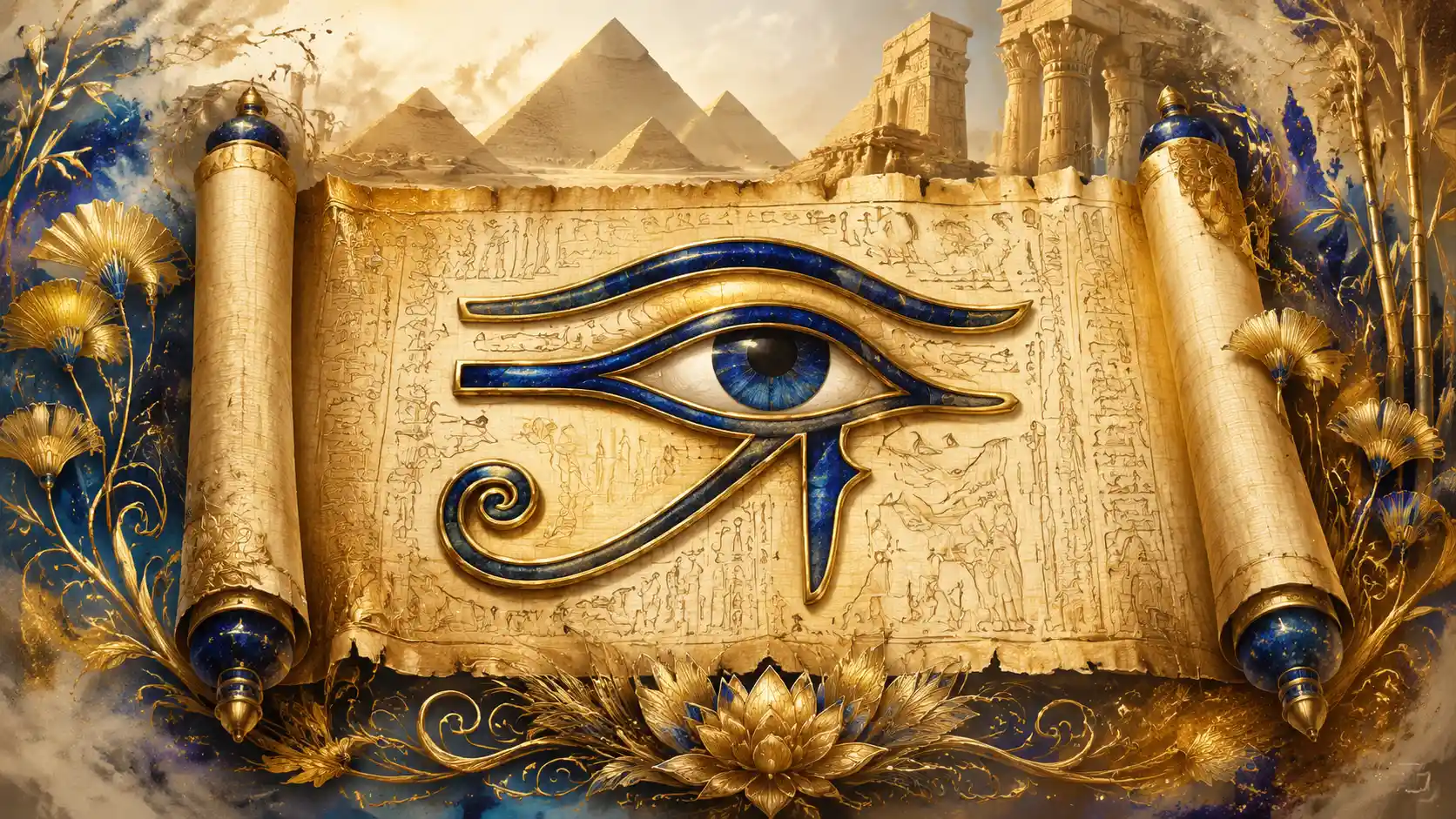 Close up egyptian papyrus scroll with all seeing eye