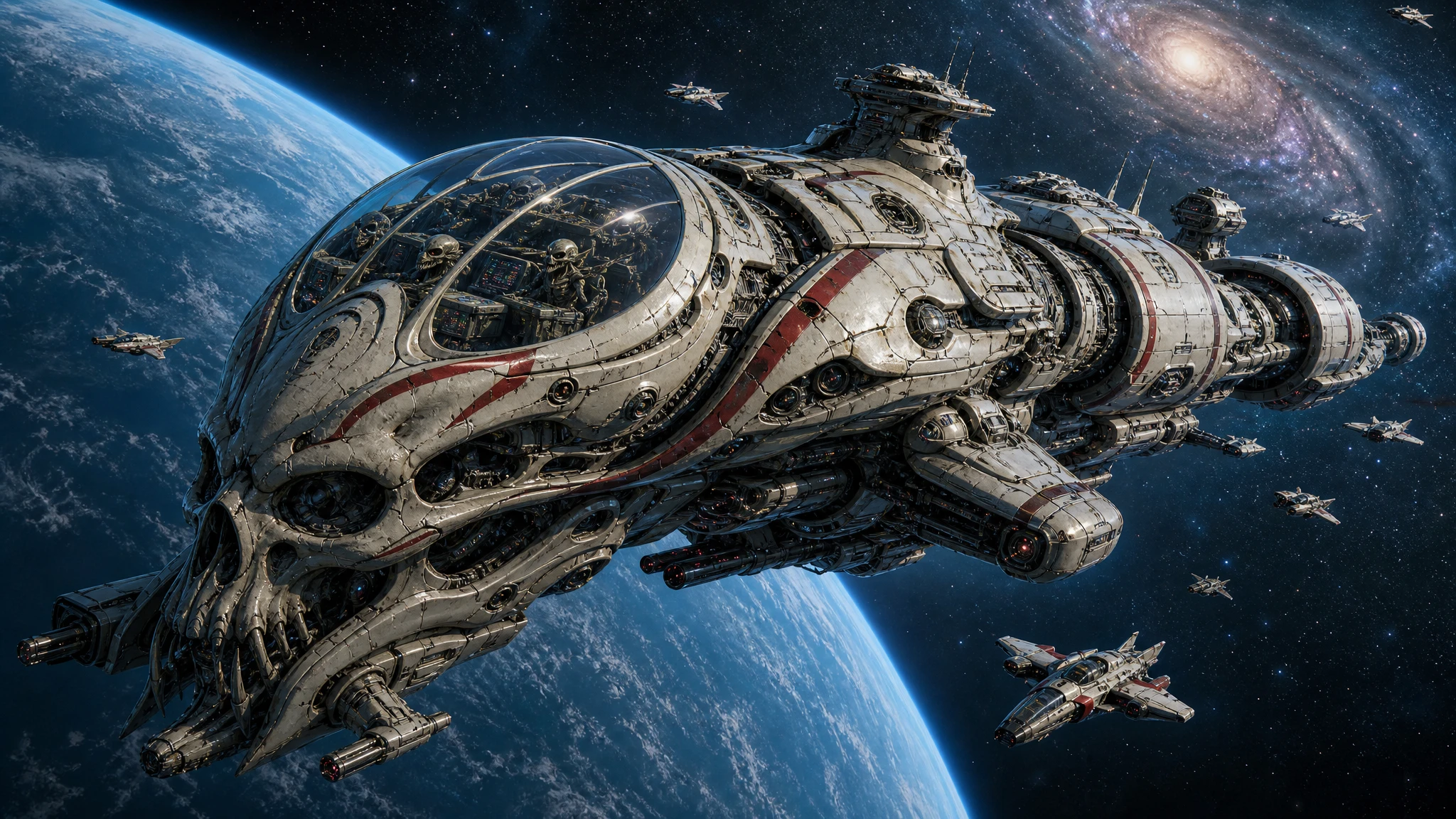 Alien-Schädel-Raumschiff, das an einem fernen blauen Planeten vorbeischleicht