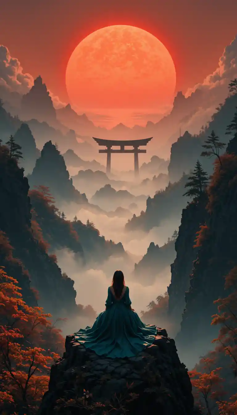 Woman on cliff before a crimson sun and distant torii