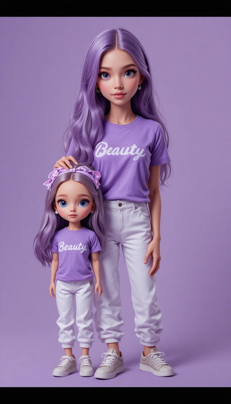 Woman With Stylized Mini Doll In Purple 3D Illustration