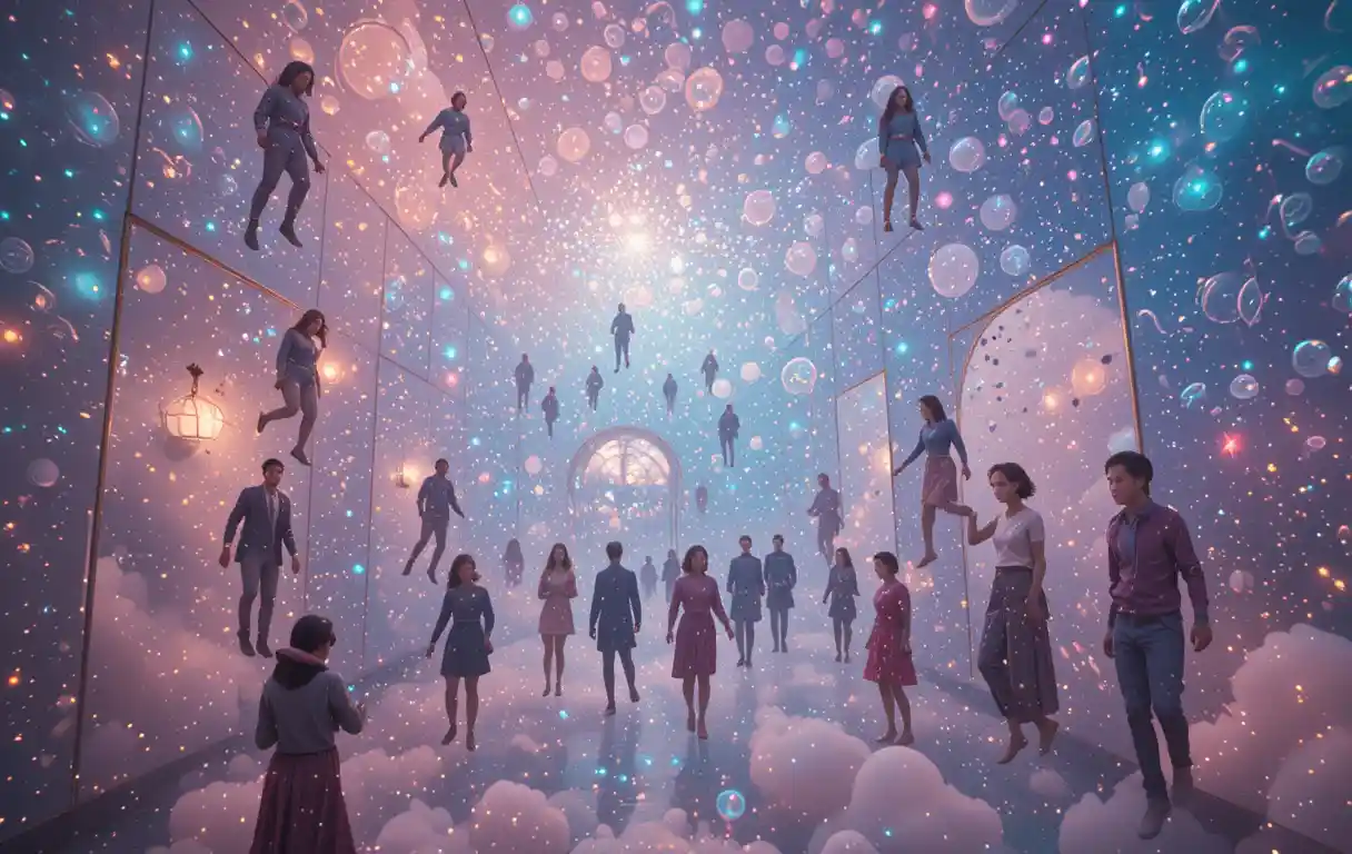 People Floating In A Bubble Filled Gravity Defying Room