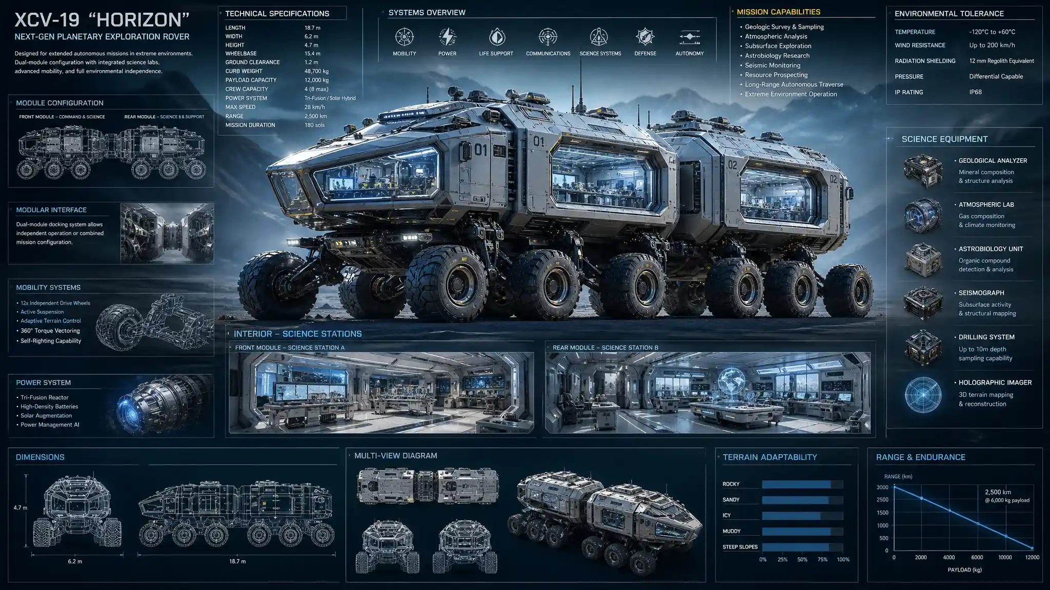Futuristic 3D engineering diagram of a modular exploration rover