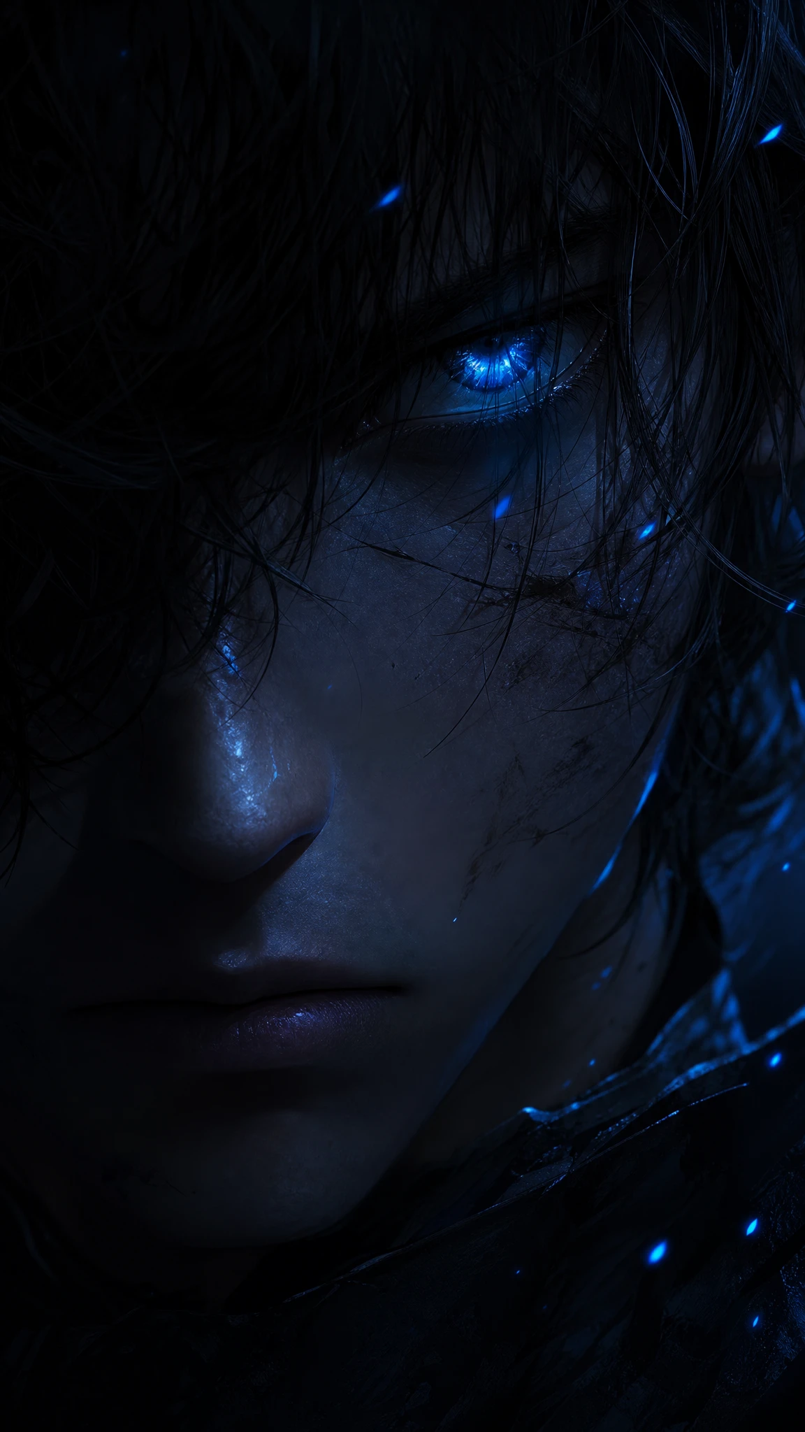 Junger Mann mit leuchtend blauem Auge im dunklen Close-up