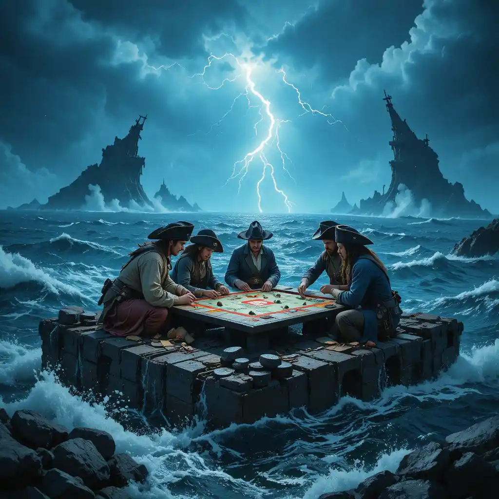 Pirates Playing Monopoly On Wreckage In Stormy Ocean