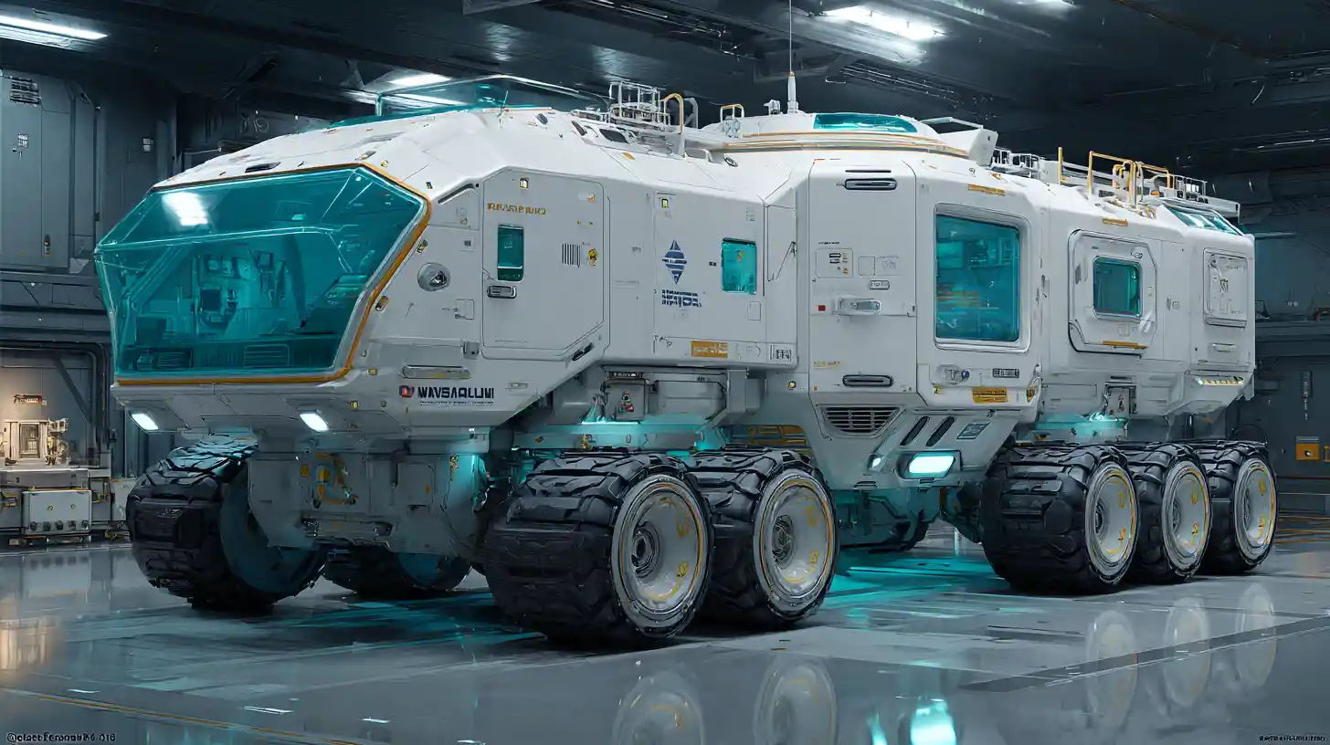 Rover di fantascienza del prossimo futuro in hangar industriale