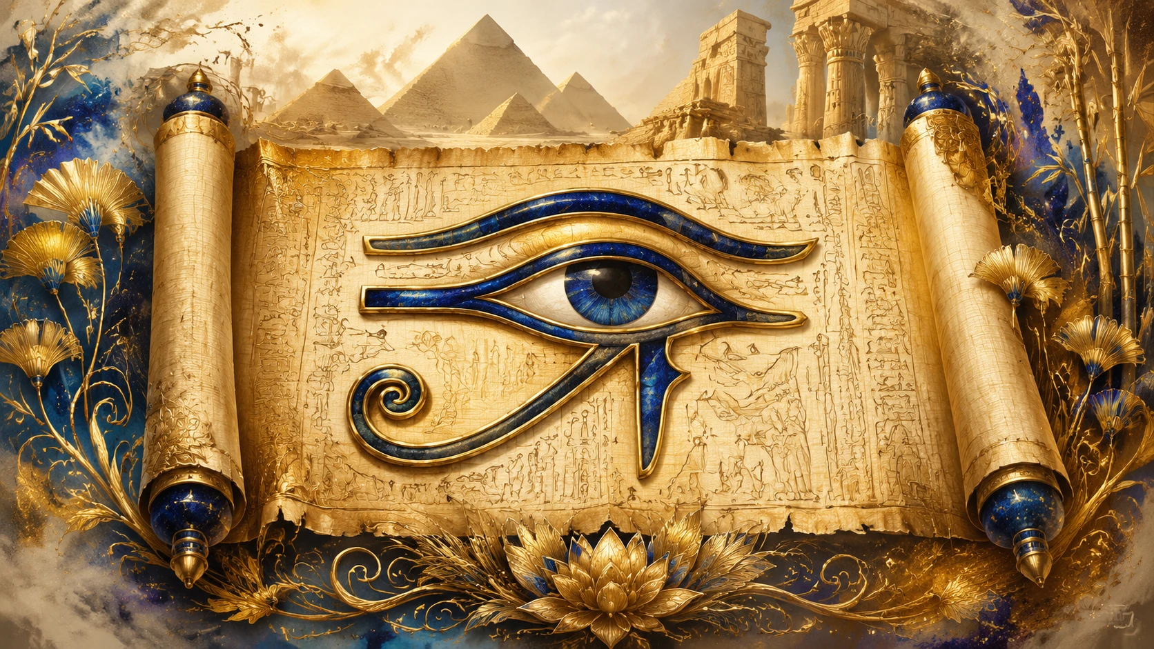 Close up egyptian papyrus scroll with all seeing eye
