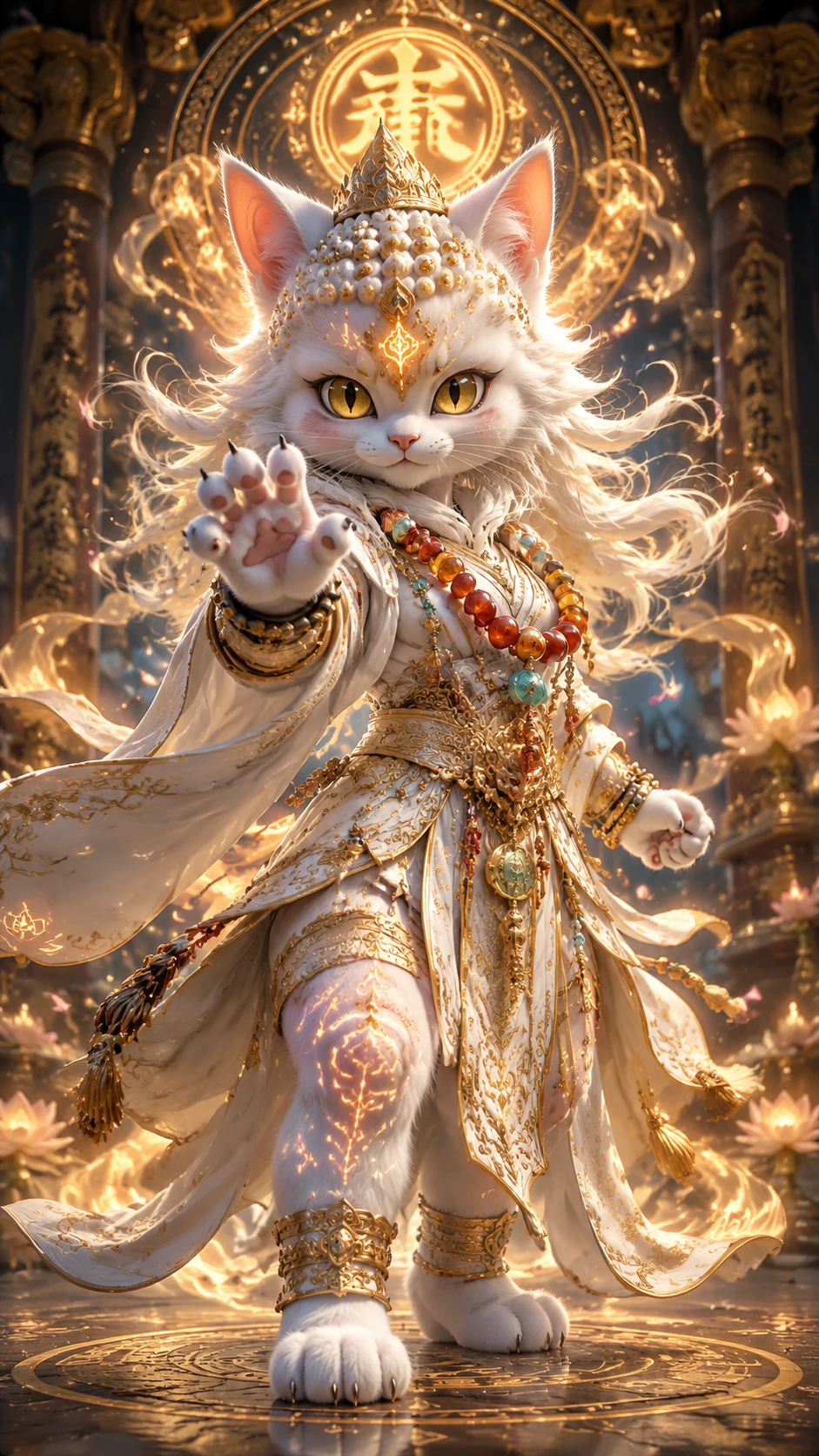 Guerreiro monge felino branco heróico em estilo anime 3D