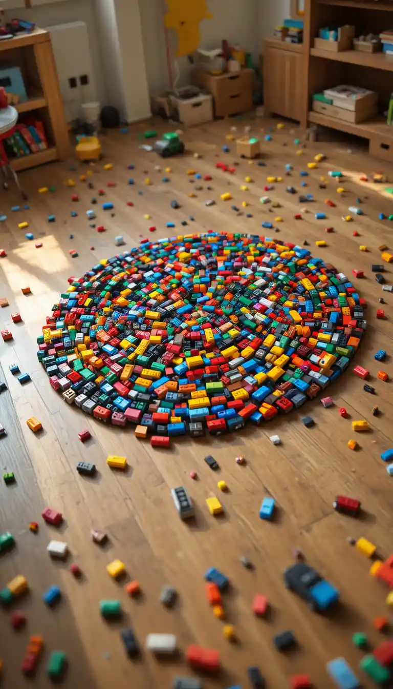 Colorful lego car logo arrangement on wooden floor
