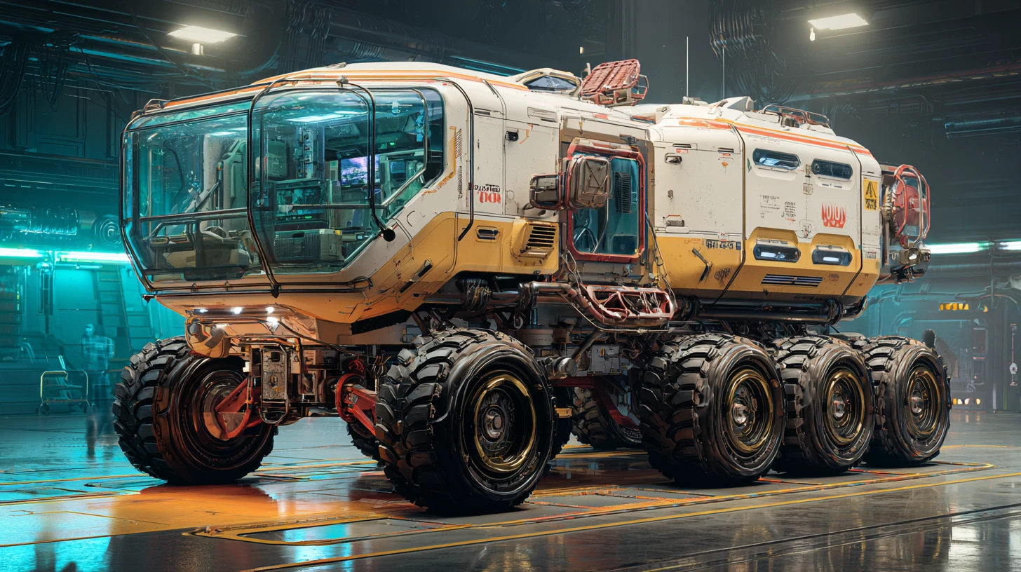 Futuristic sci fi exploration rover in industrial hangar