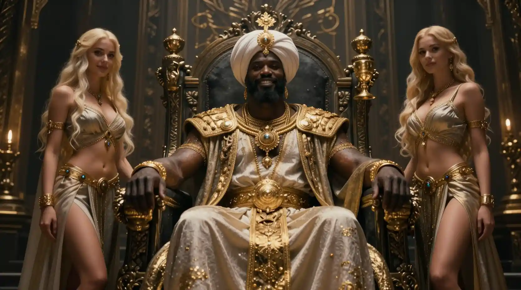 Dark fantasy king on a grand throne with attendants