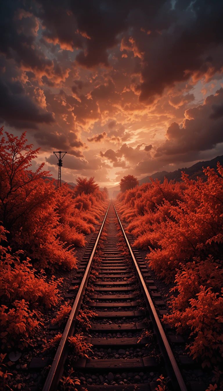 Infrared view of overgrown railway under stormy sunset sky