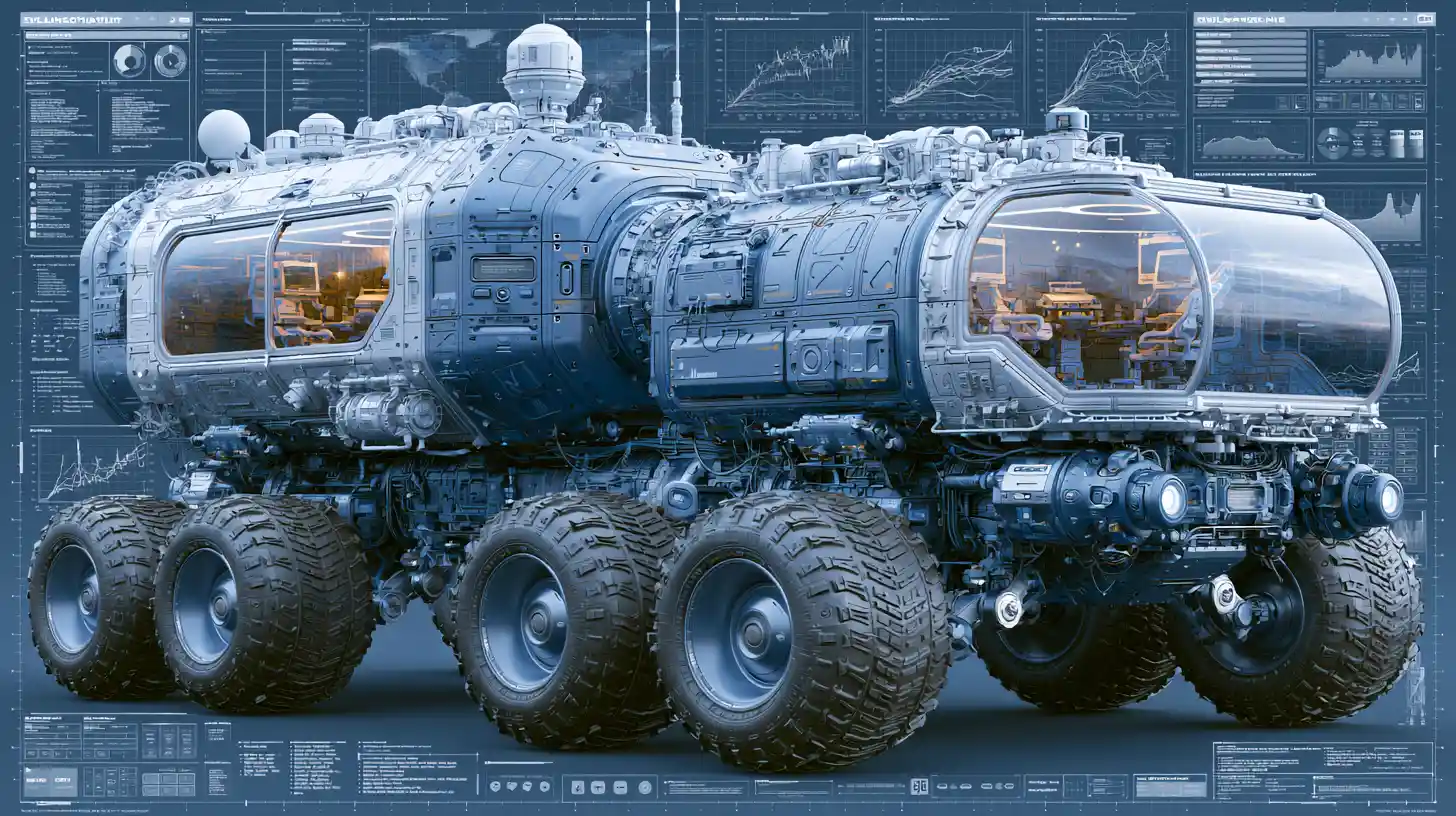 Futuristisches 3D-Konstruktionsdiagramm eines Sci-Fi-Explorationsrovers