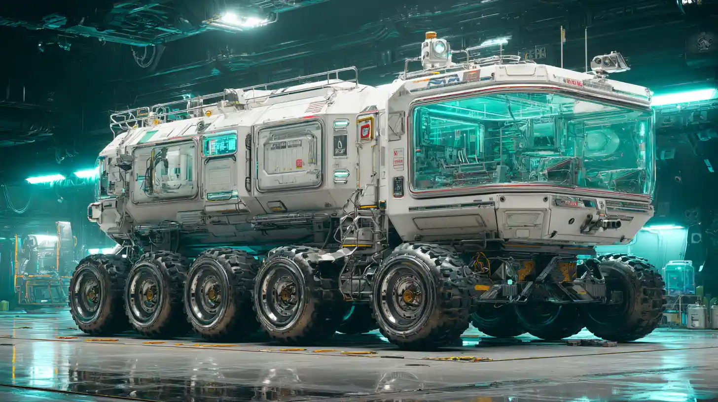 Futuristic Exploration Rover In Industrial Hangar With Turquoise Lights