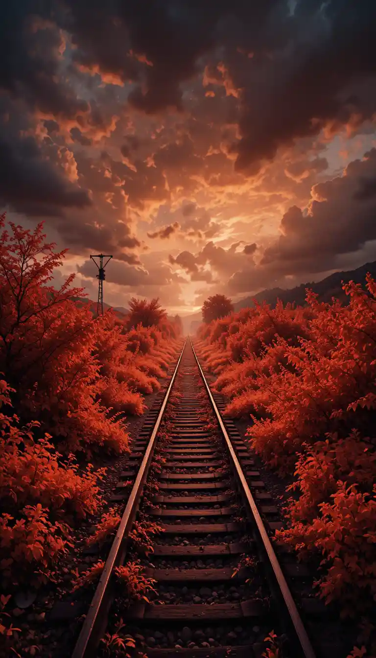 Infrared view of overgrown railway under stormy sunset sky