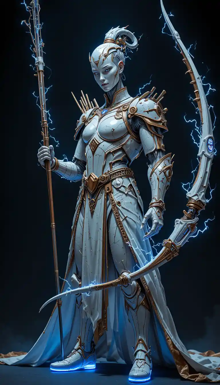 Sagittarius ceramic mechanical warrior with glowing bow