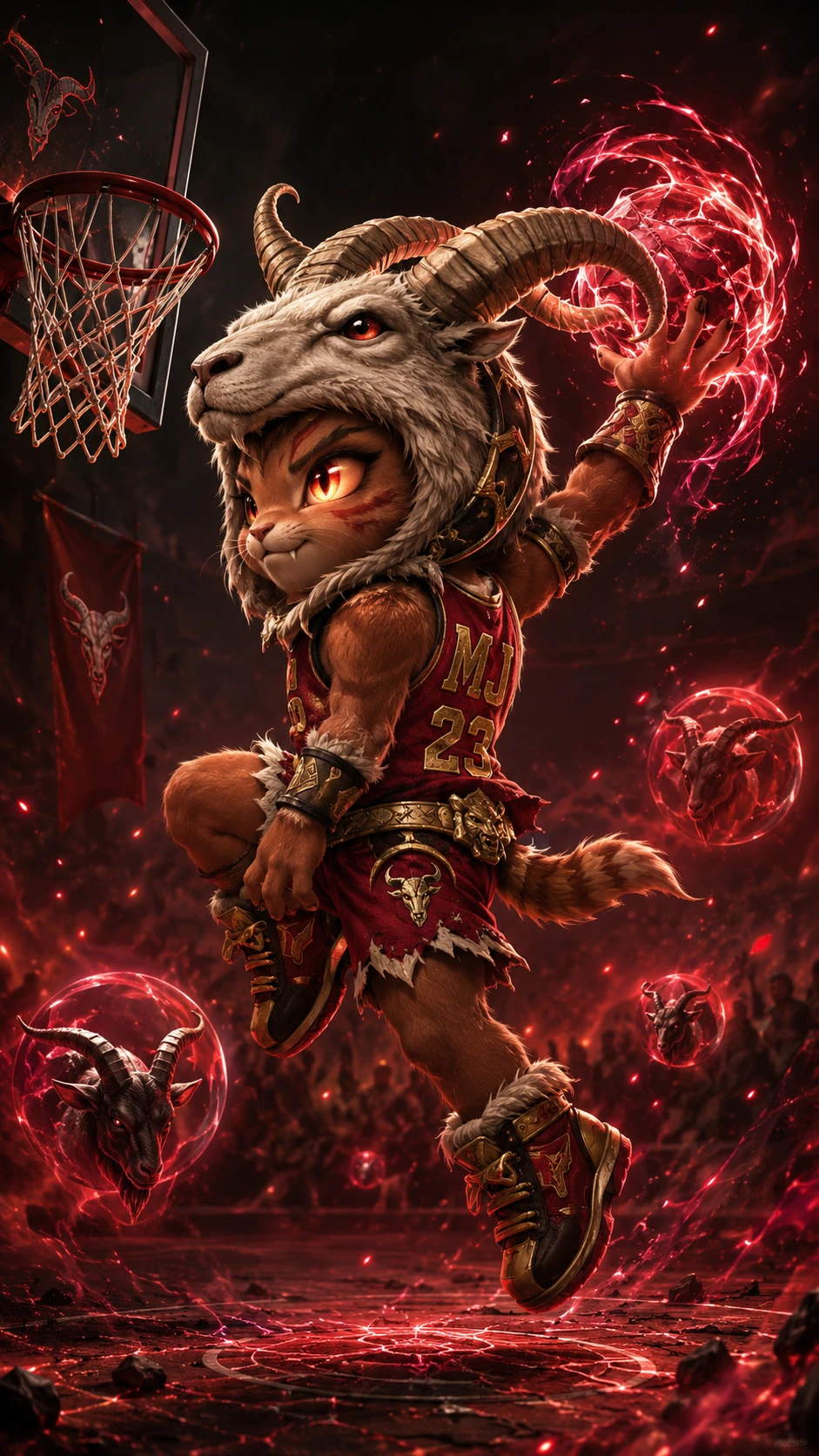 Guerreiro felino chibi de basquete enterrando em quadra de fantasia