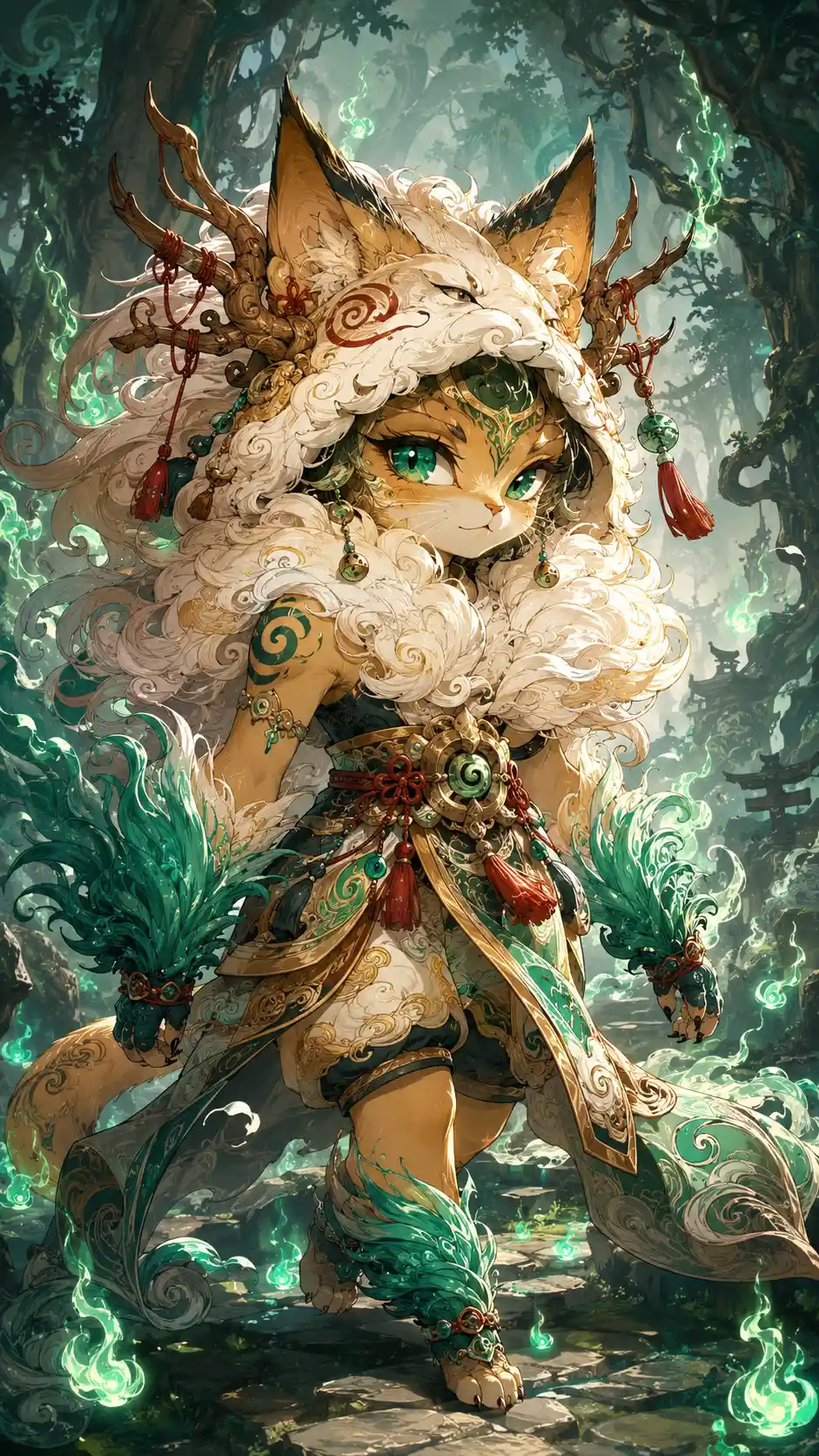 Divine chibi feline warrior walking through misty forest