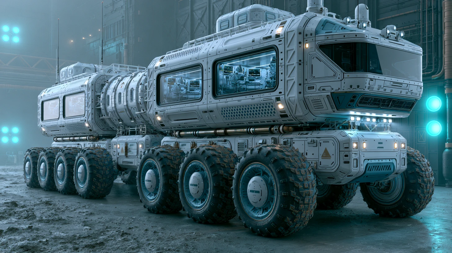 Rover de exploração futurista em um estúdio de hangar sci‑fi