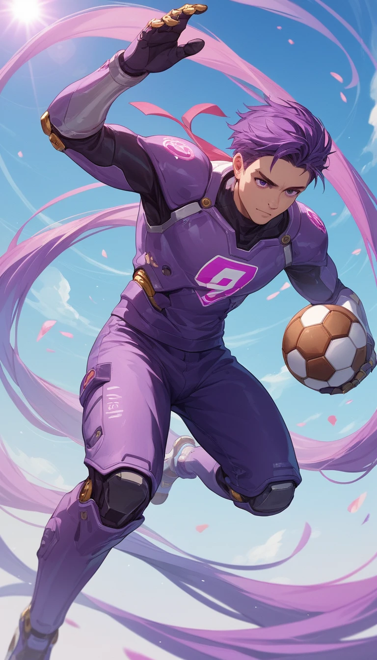 Ragazzo che gioca a calcio in una scena futuristica astratta ultravioletto