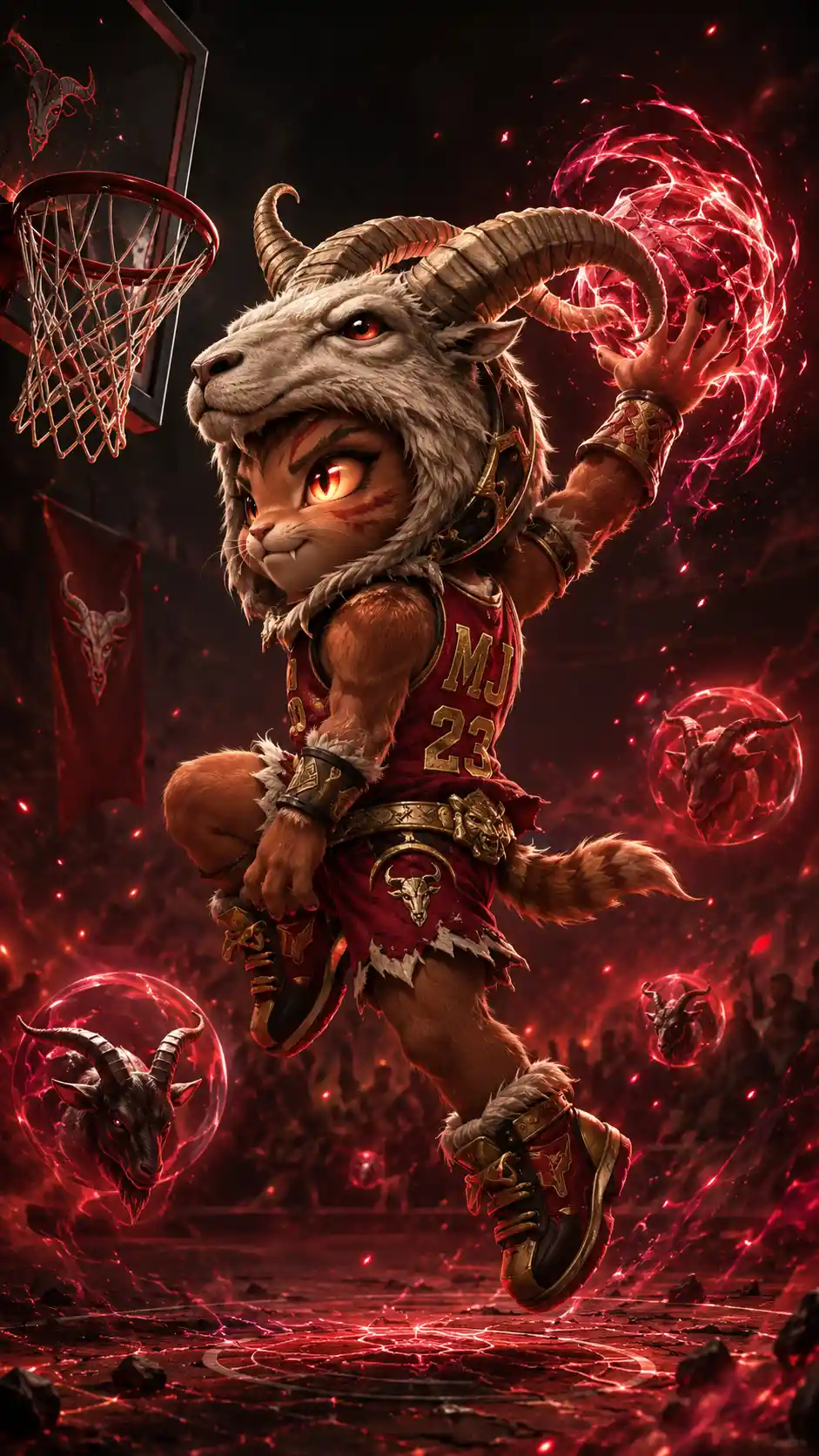Feline chibi basketball warrior dunking on fantasy court