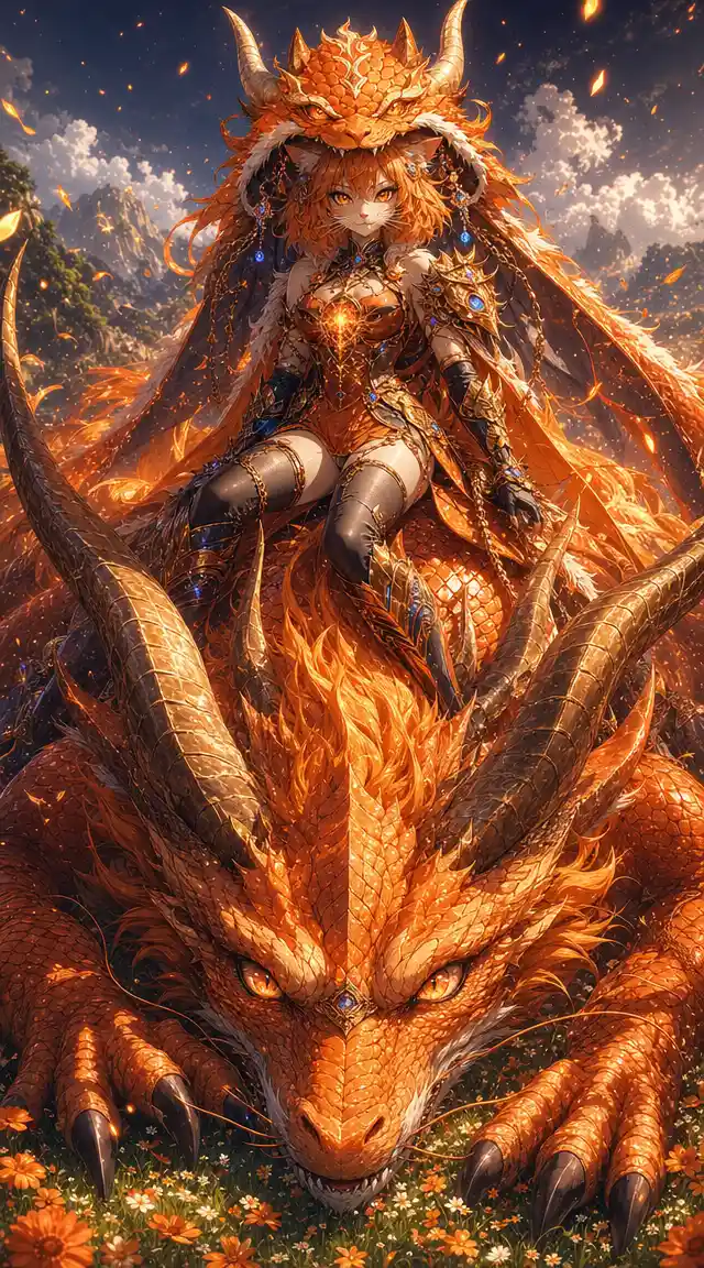Gigantic Orange Dragon With Brave Cat Warrior Rider