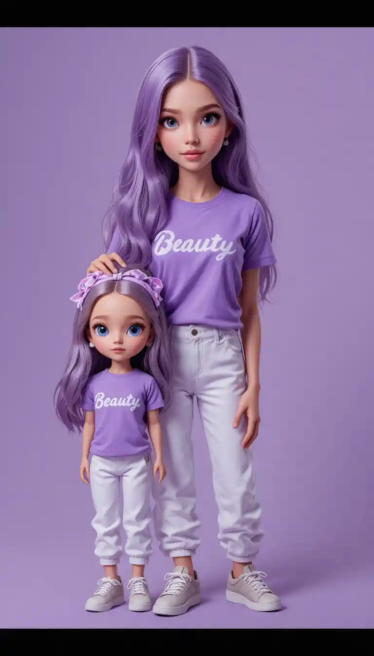Woman With Stylized Mini Doll In Purple 3D Illustration