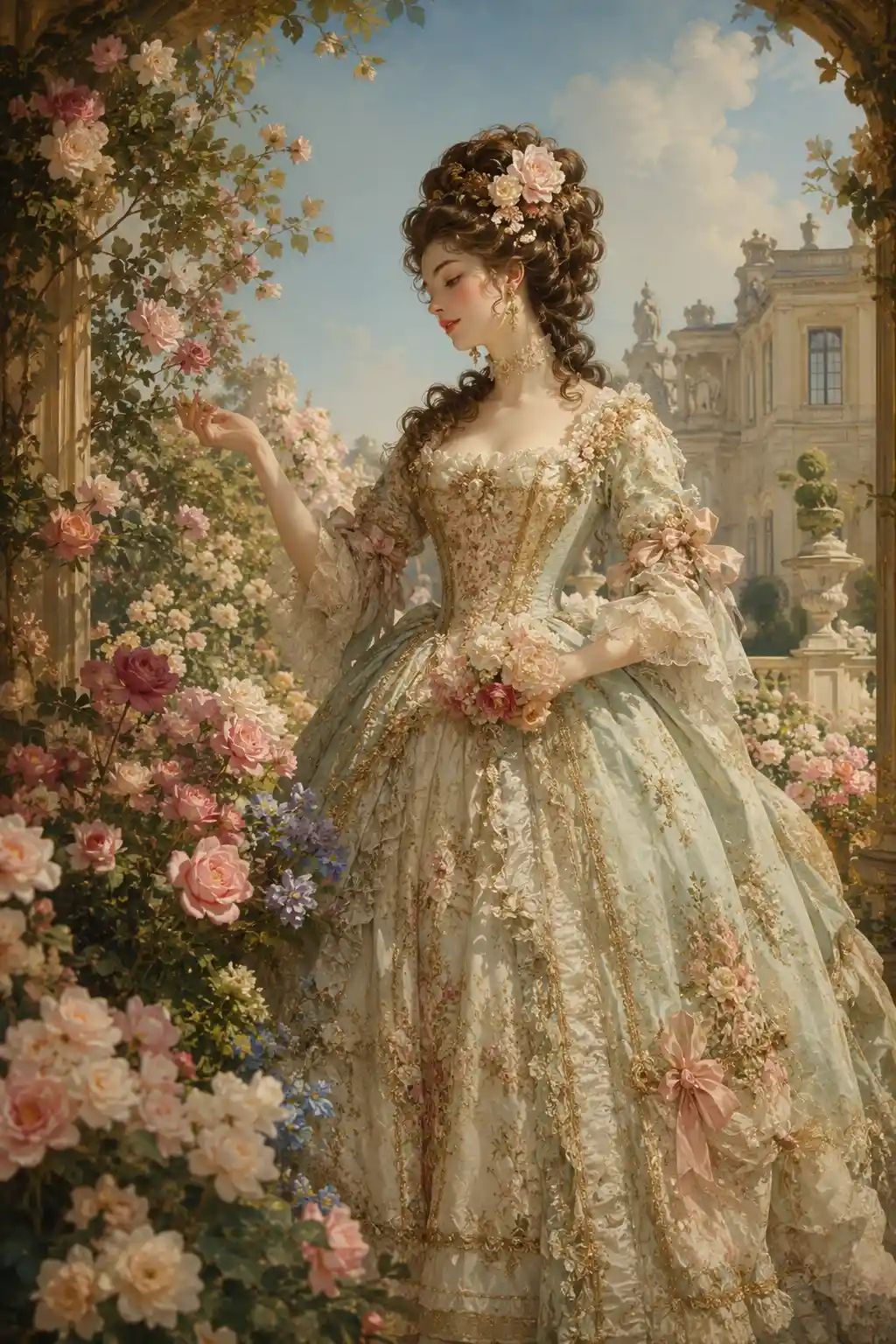Baroque woman admiring flowers in a grand garden