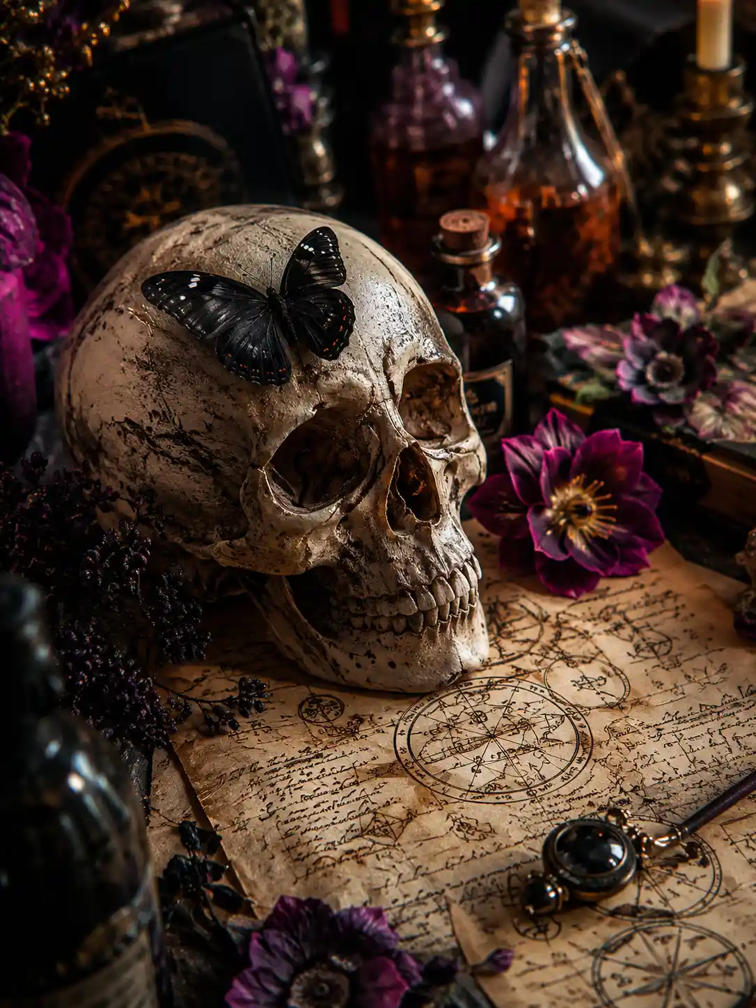 Skull With Black Butterfly On Spellbound Parchment