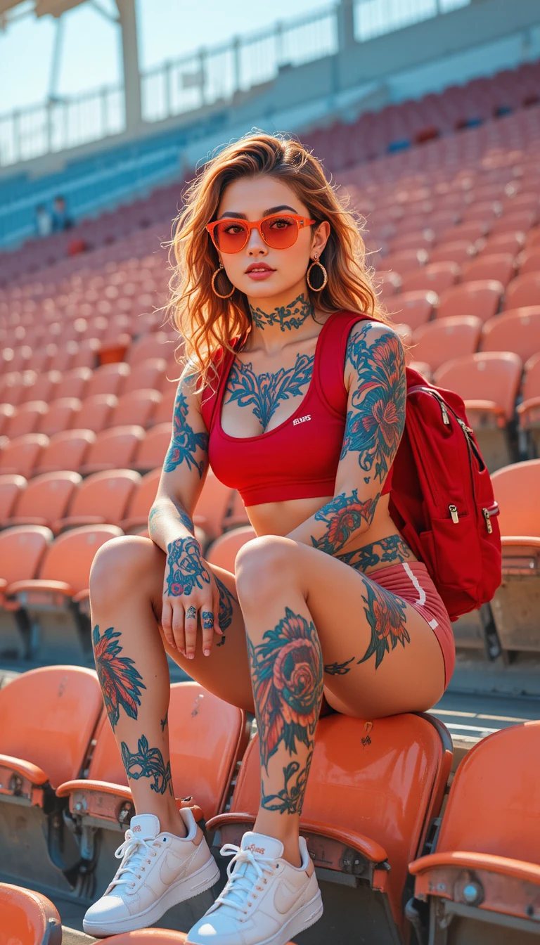 Donna tatuata seduta sulle luminose tribune vuote dello stadio