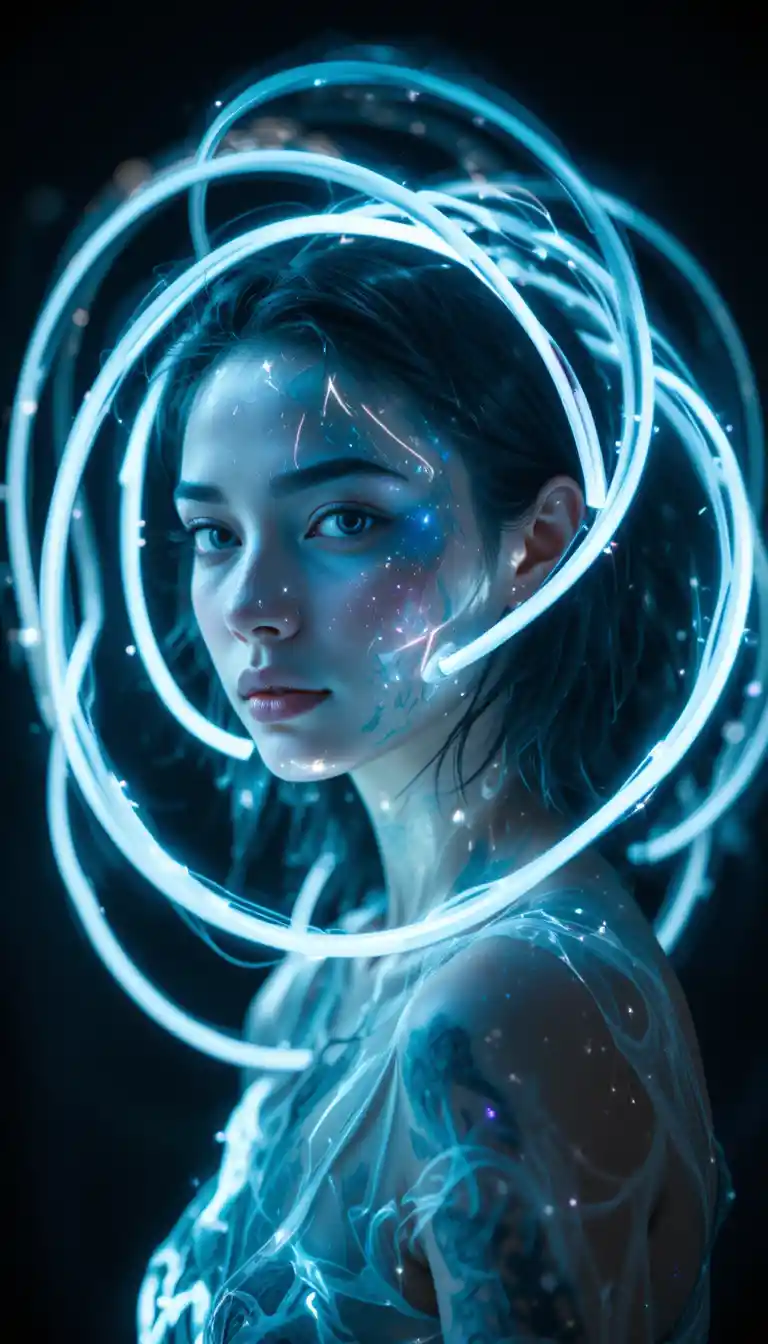 Woman surrounded by swirling neon light trails portrait