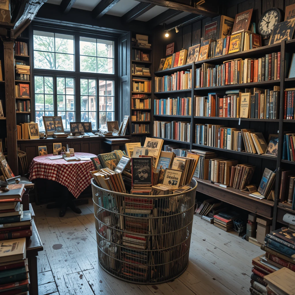Accogliente interno di libreria dell’usato con cassa di libri in offerta