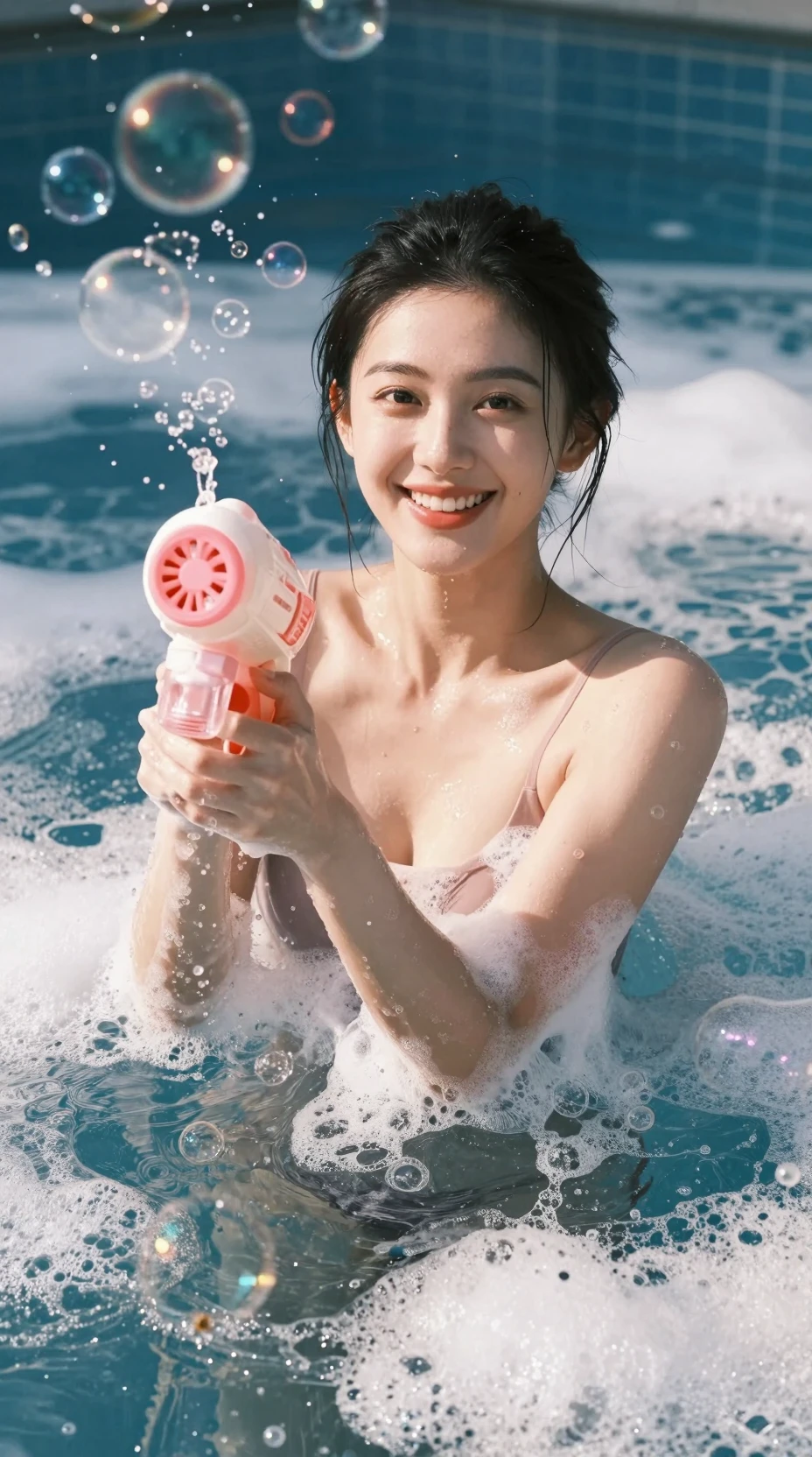 Femme joyeuse vaporisant des bulles dans une piscine de mousse en plein air