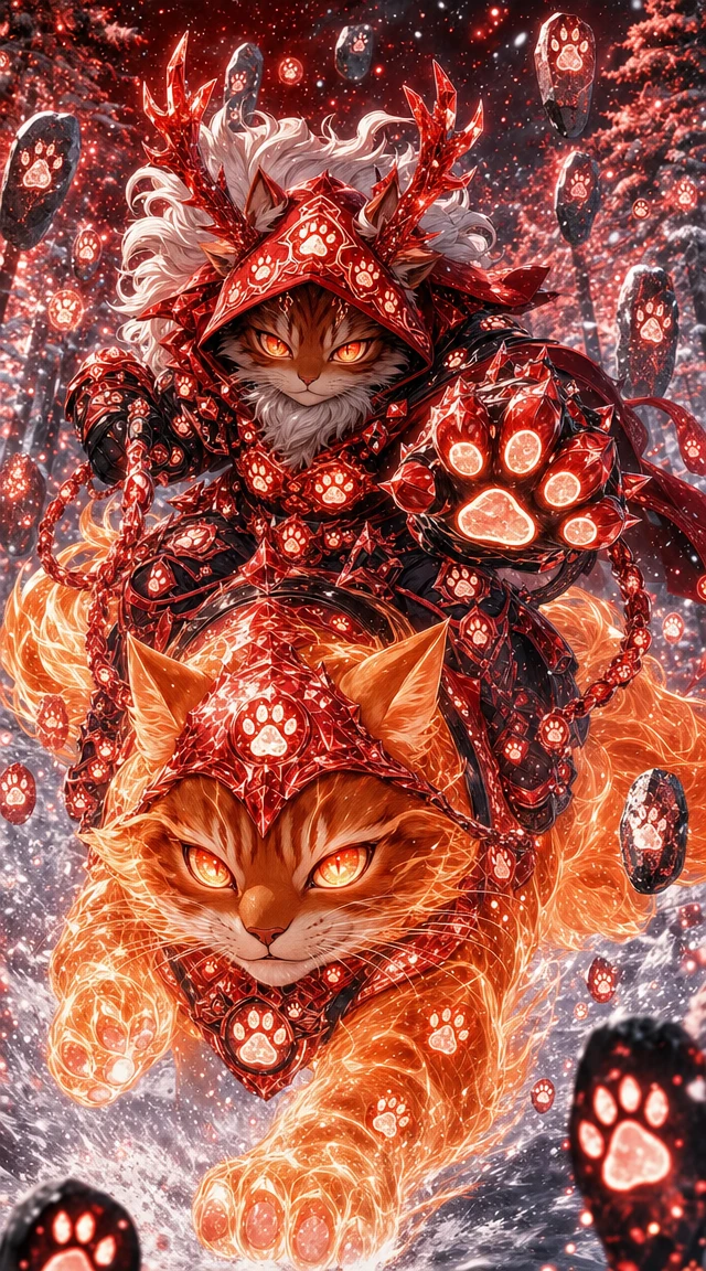 Guerrier chat héroïque en armure de cristal sur monture spirituelle