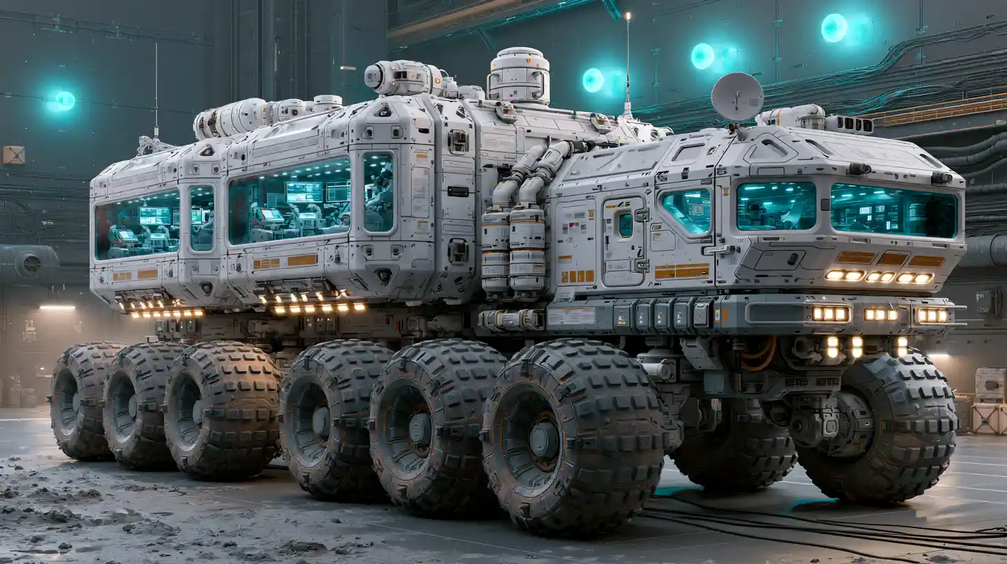 Futuristic exploration rover in a high tech vehicle hangar