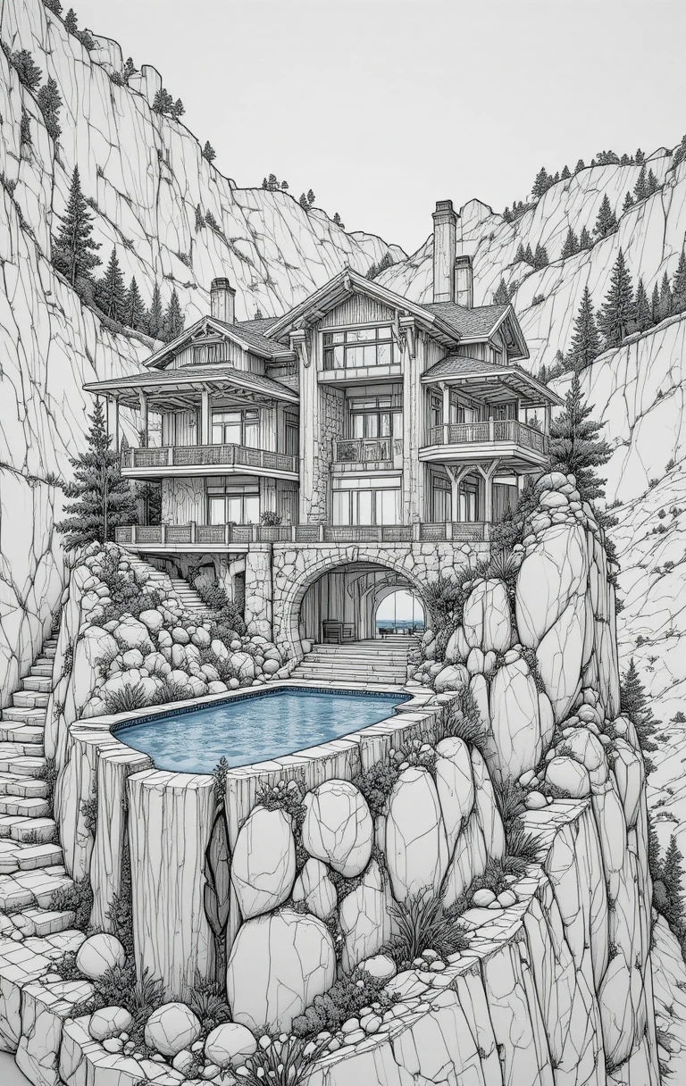 Fantasy-Bergehaus: Konzeptillustration von Außen- zu Innenansicht