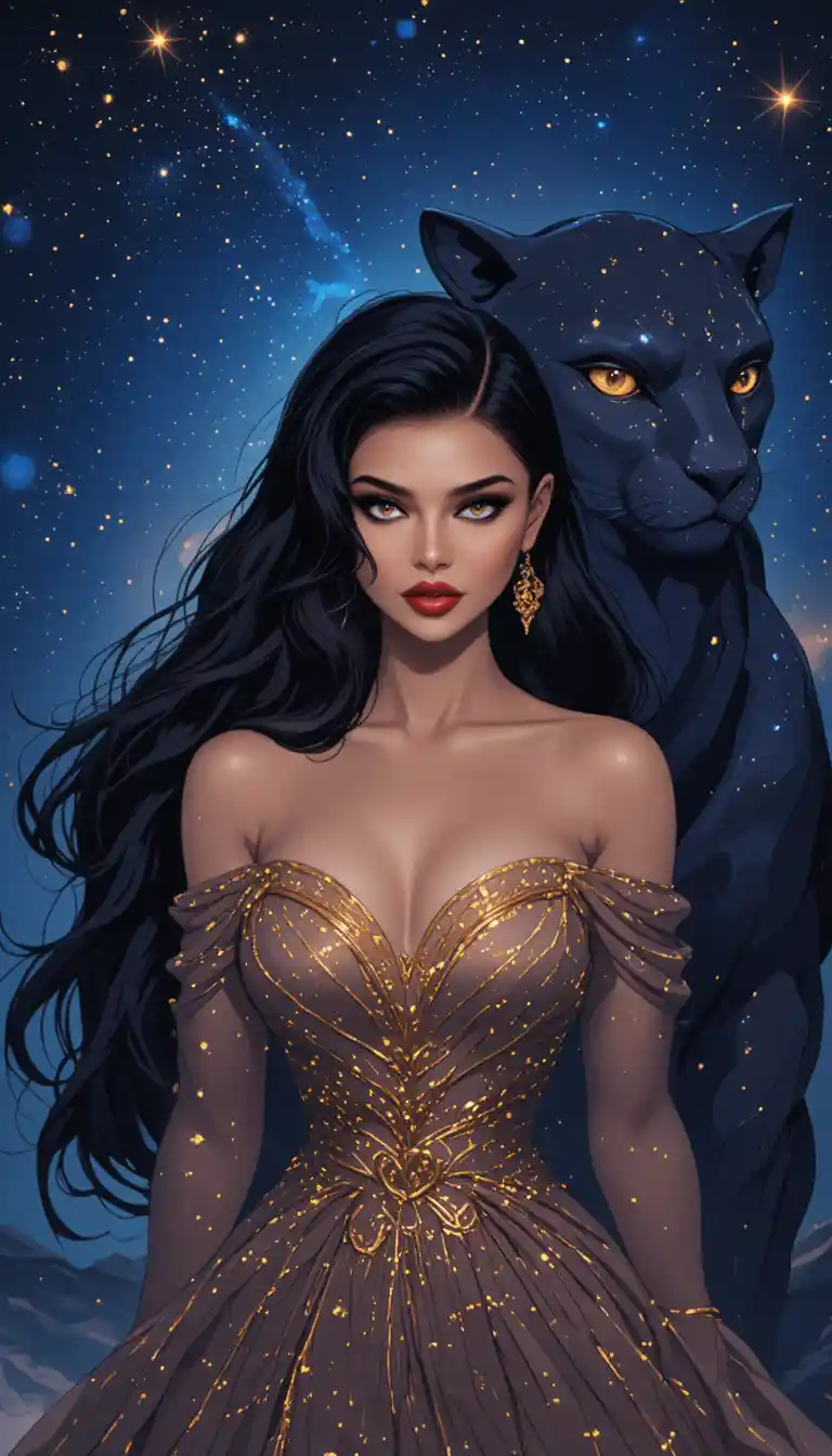Anime woman with black panther under a starry sky