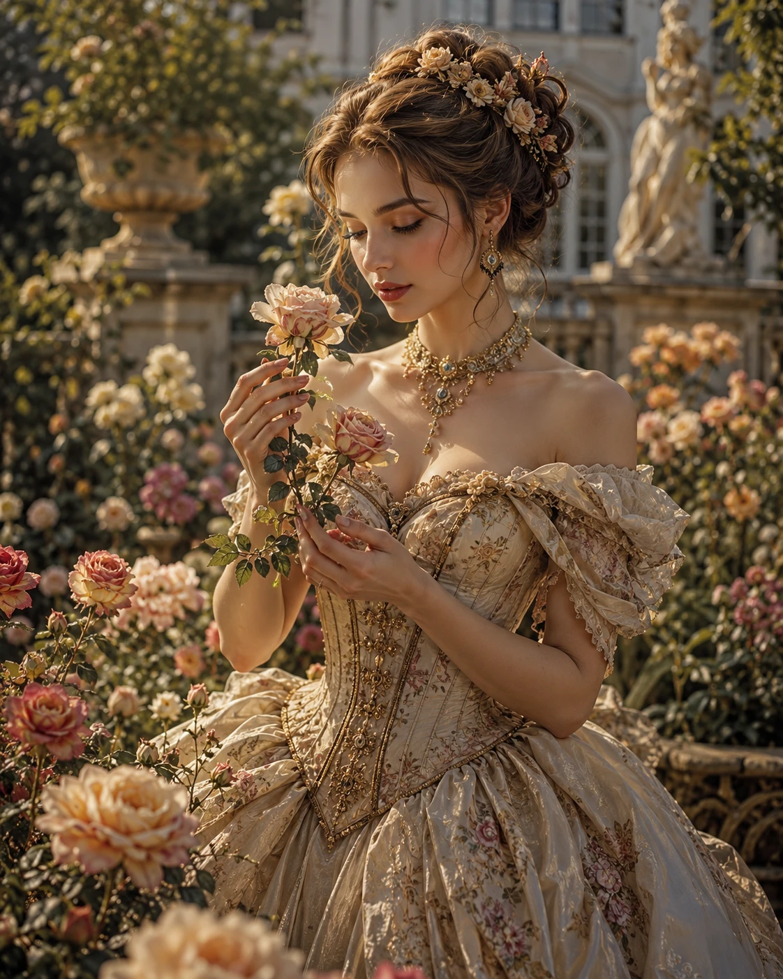 Young baroque lady holding flowers in an estate garden