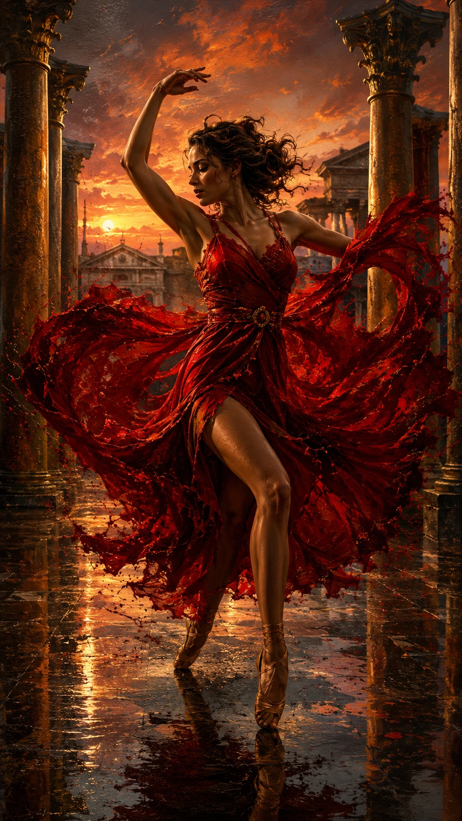 Dancer twirling in crimson dress in ancient forum