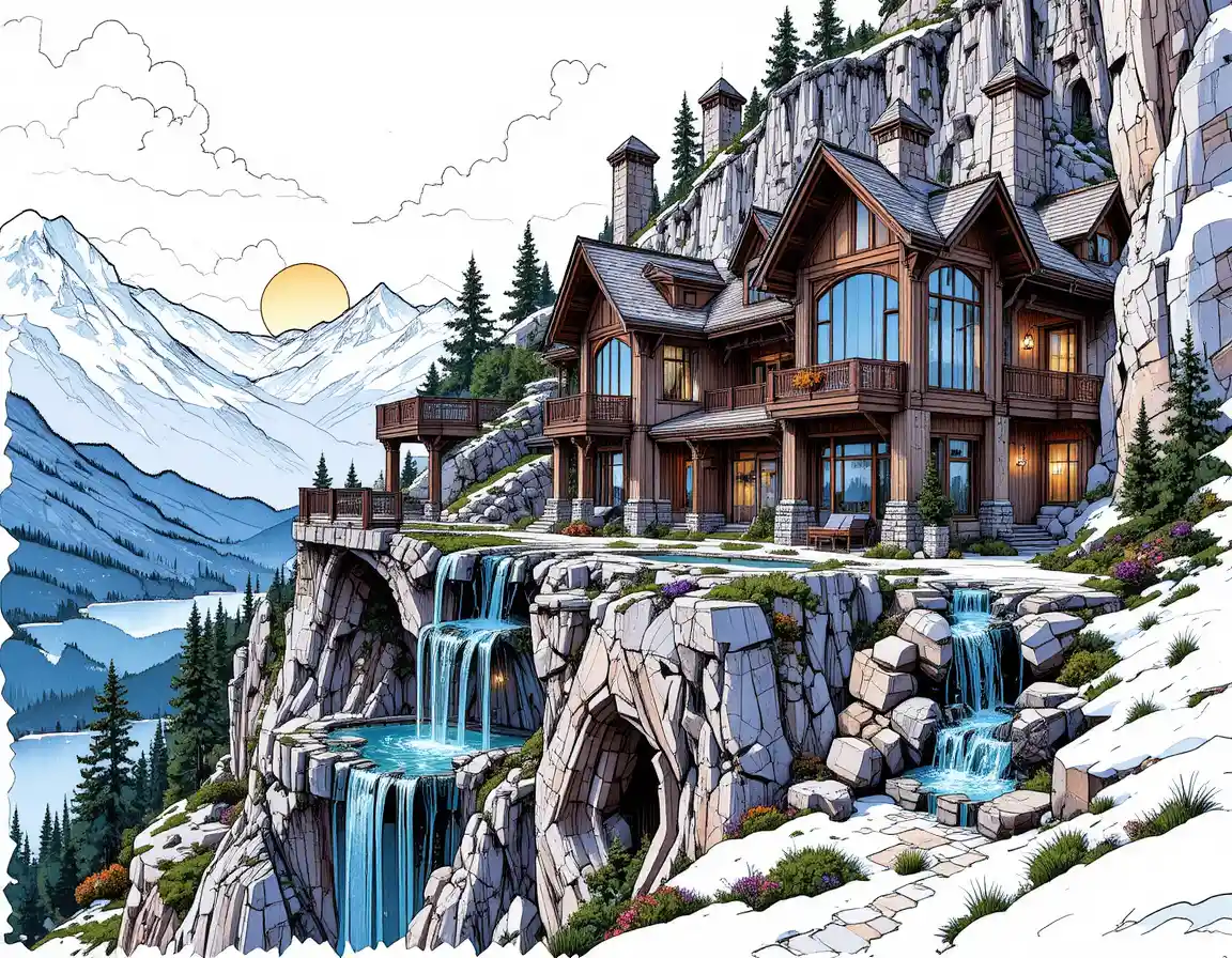Fantasy mountain house with cascading cliffside pools