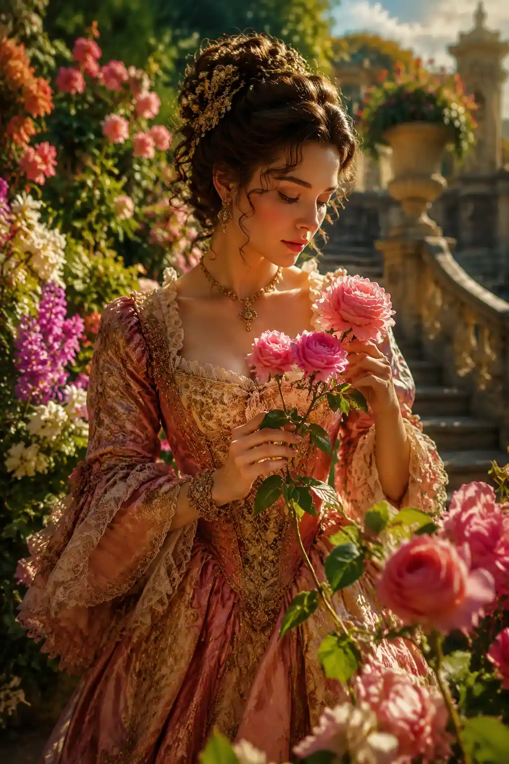 Young baroque lady holding flowers in a floral garden