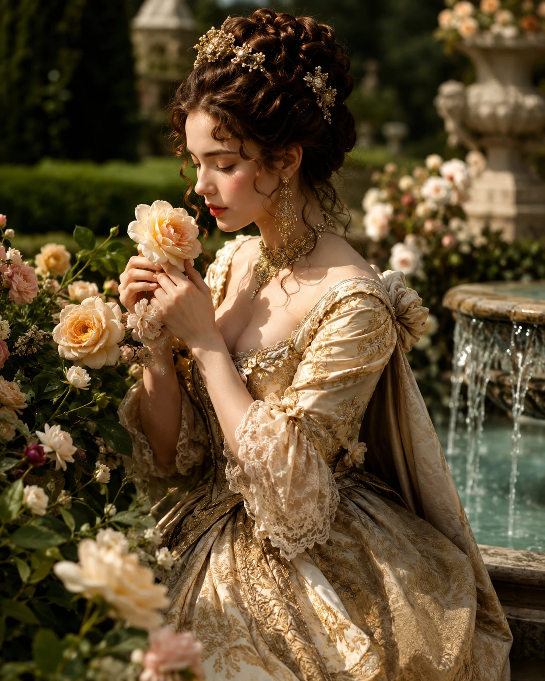 Jovem dama barroca admirando flores em um jardim