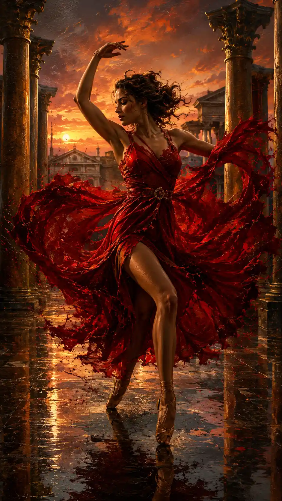 Dancer twirling in crimson dress in ancient forum
