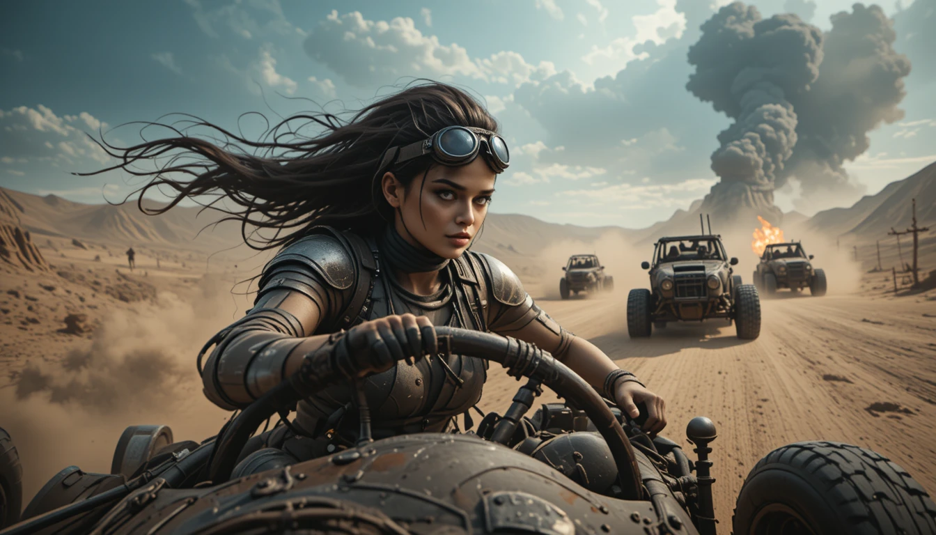 Armored woman driving through a burning wasteland chase