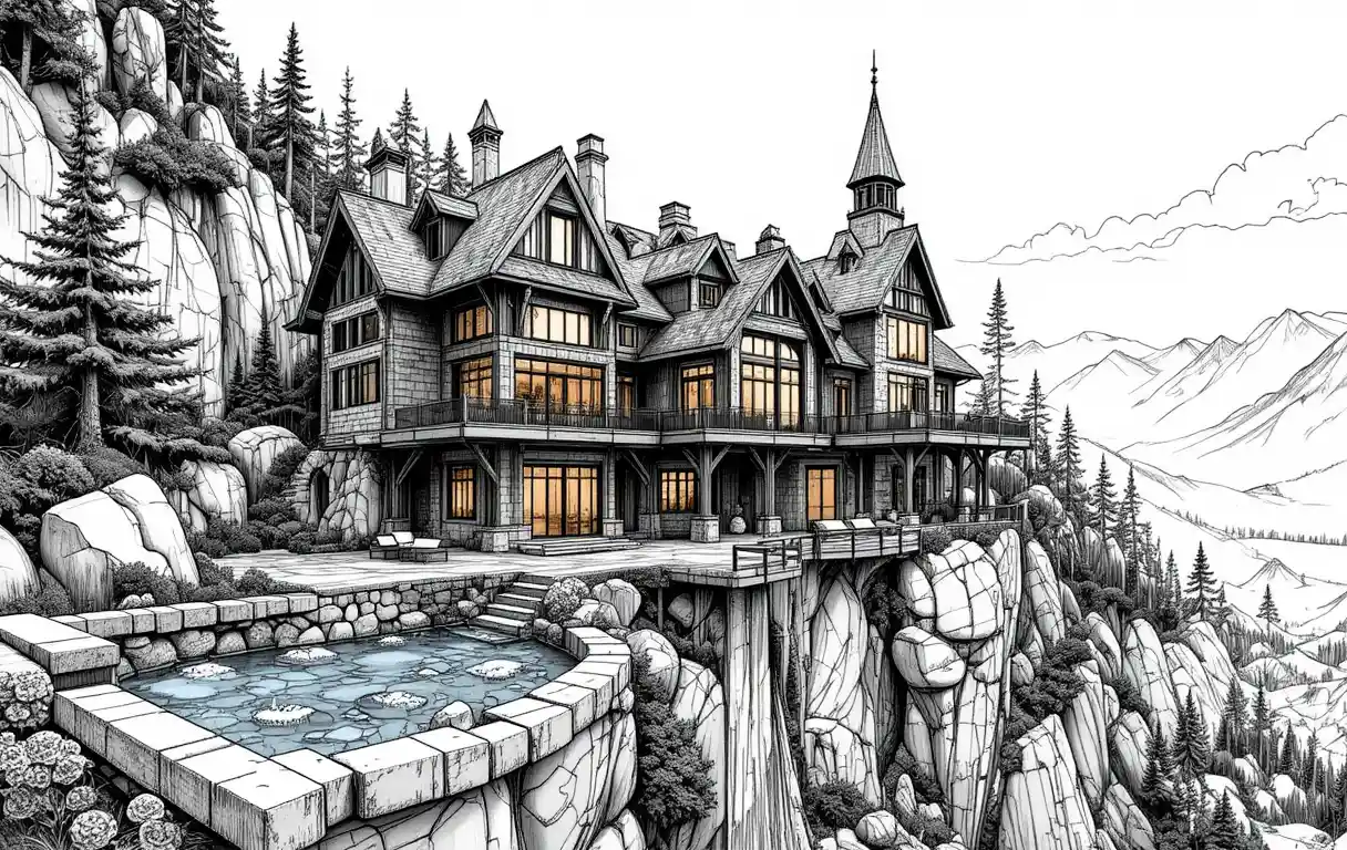 Fantasy mountain house with cascading cliffside pools