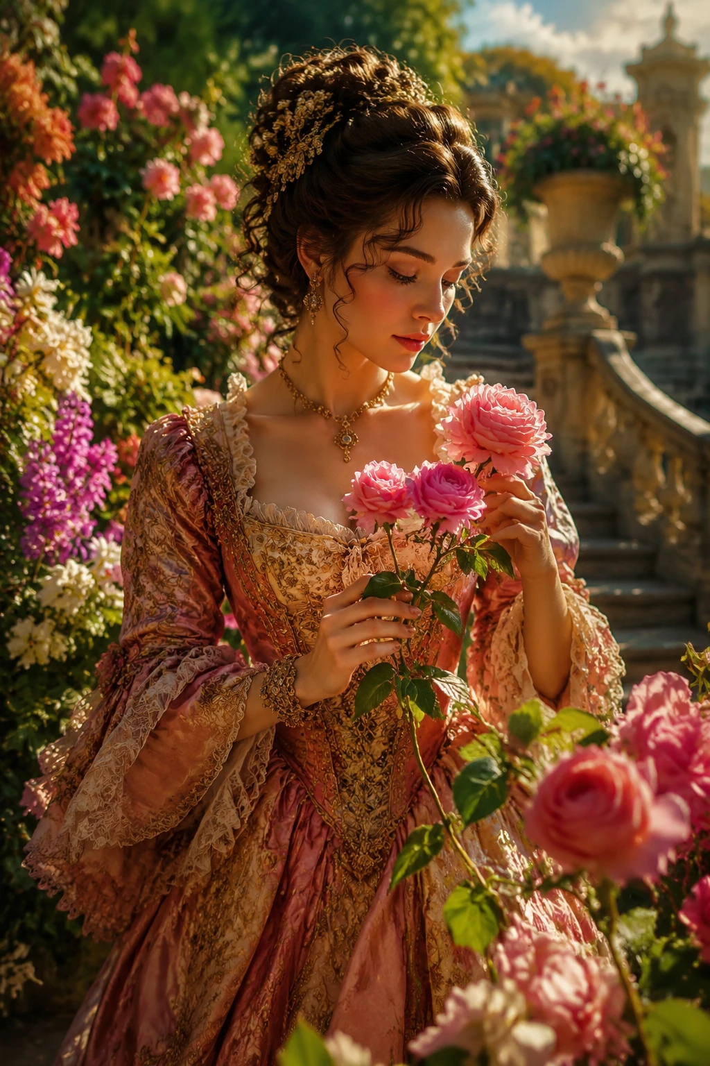 Joven dama barroca sosteniendo flores en un jardín floral