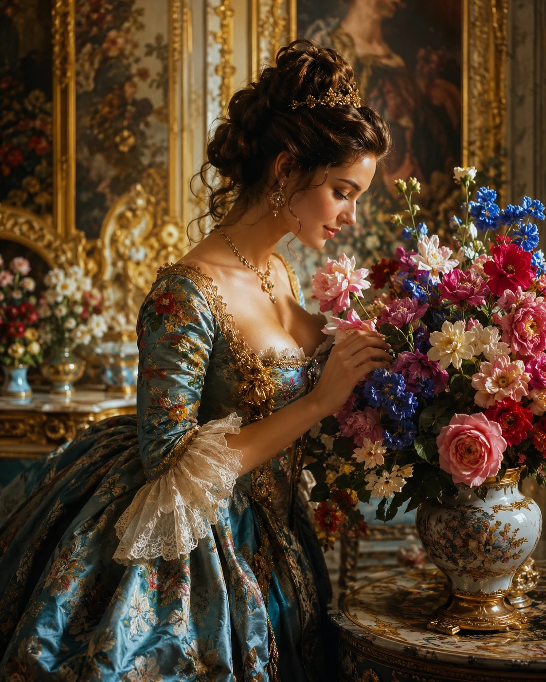 Joven dama barroca admirando un arreglo floral en interiores