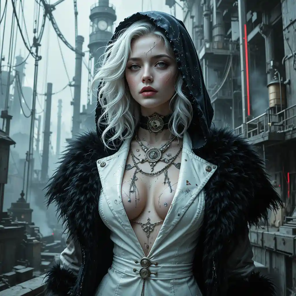 Cyberpunk heroine merging with collapsing digital world