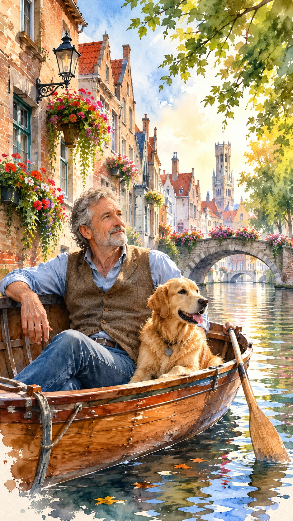 Älterer Mann rudert mit einem Hund auf einem ruhigen Kanal