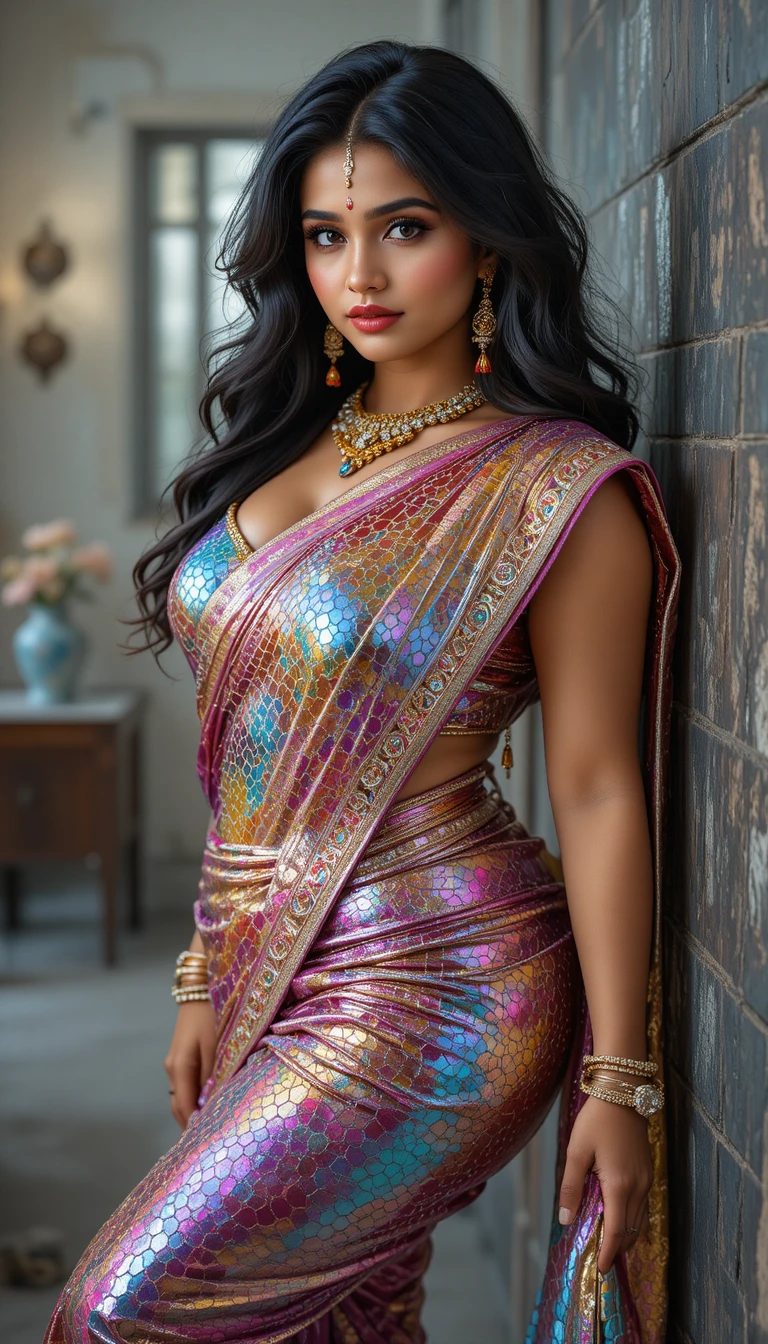 Tamil woman in reflective saree posing indoors