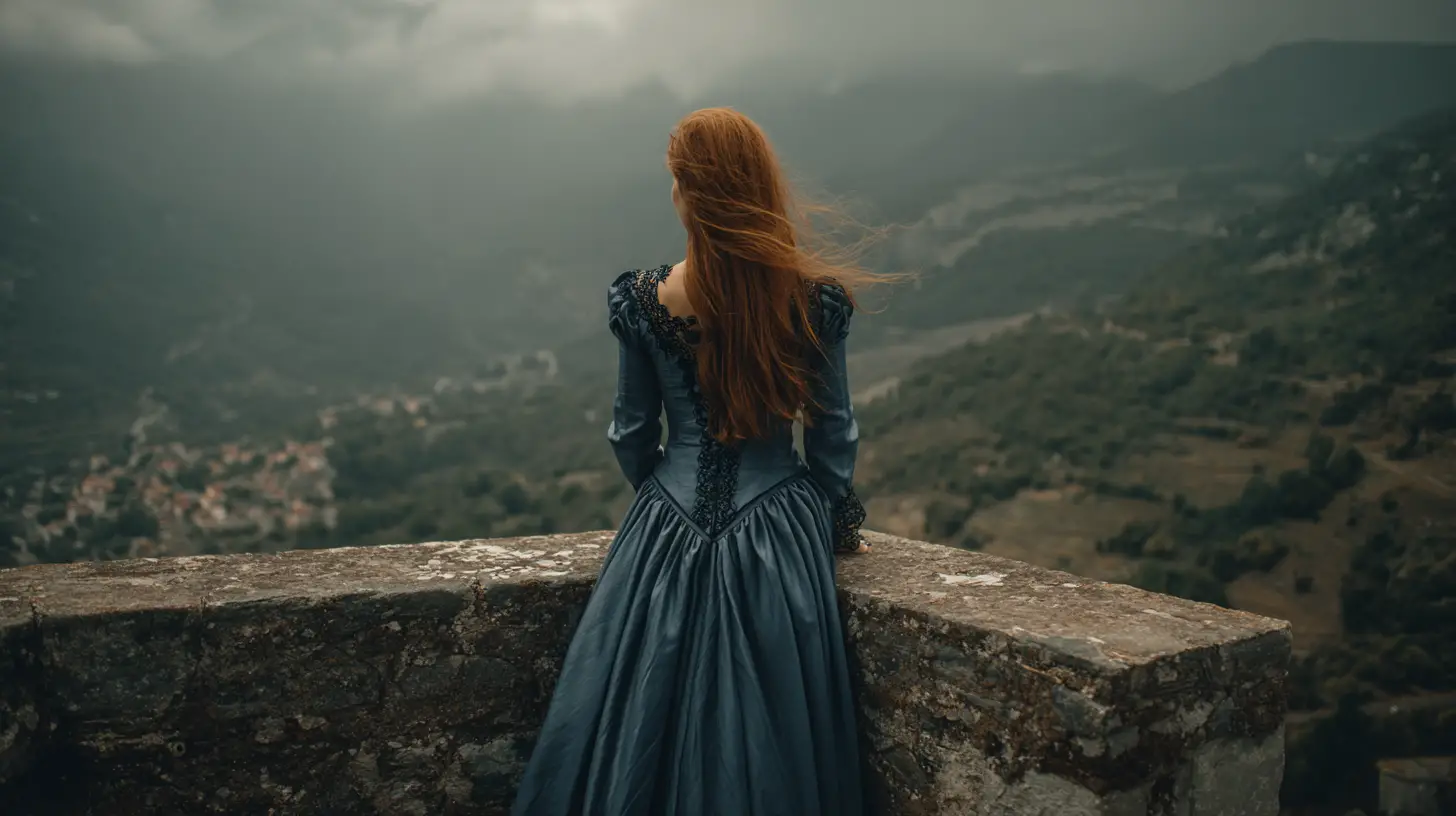 Red haired girl in blue dress on stone tower balcony